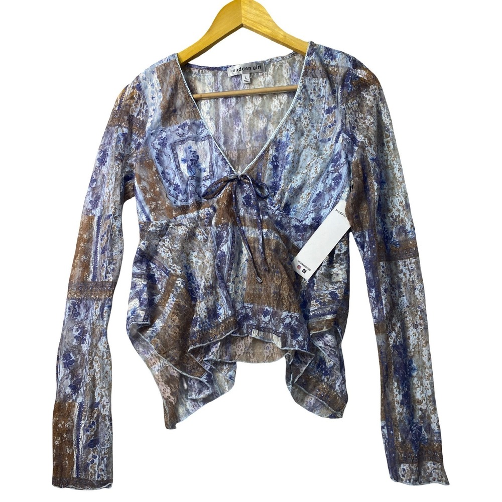 Madden Girl Blue Floral Lace Sheer V-Neck Tie Front Handkerchief Hem Top L NWT - Picture 7 of 11